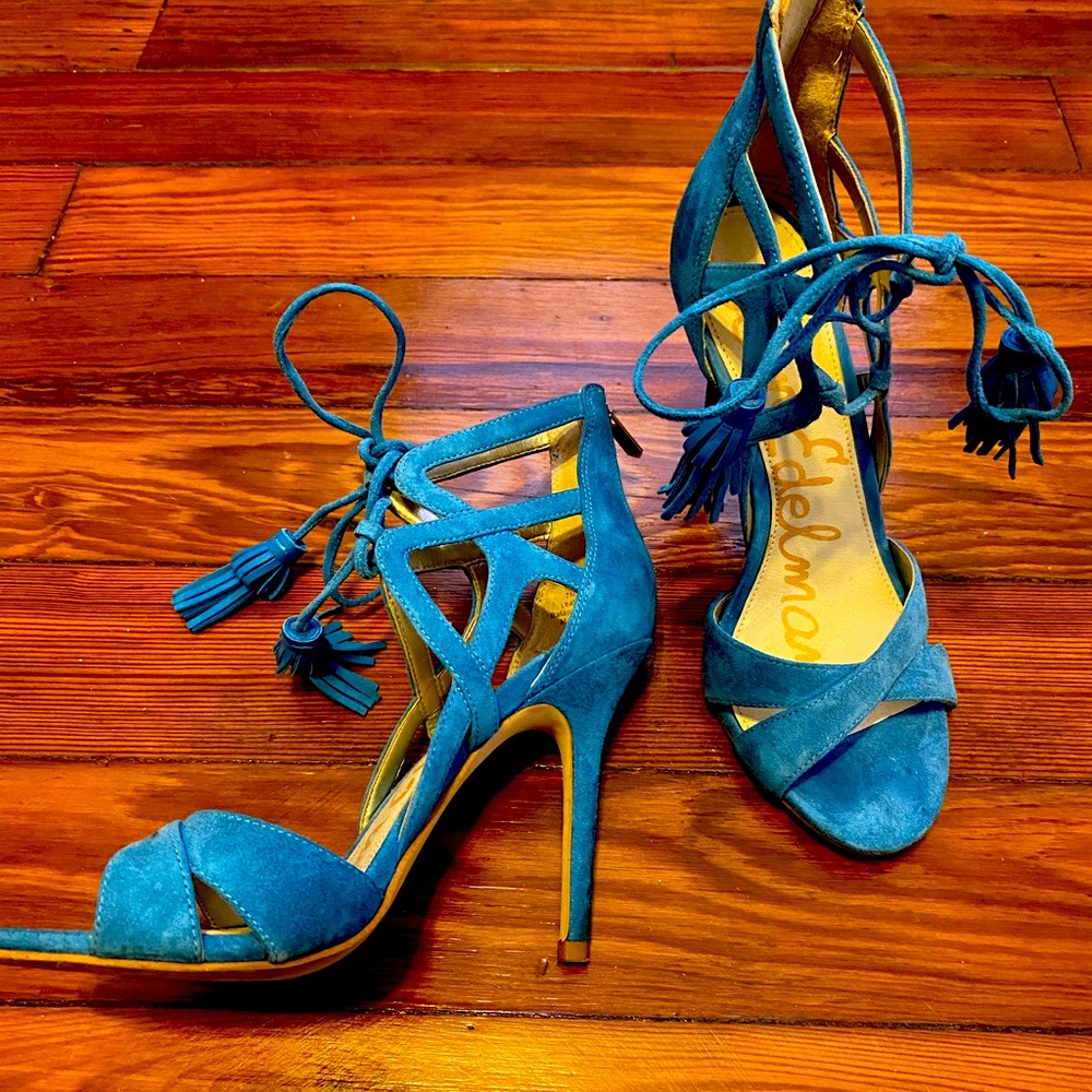 Aqua suede strappy heeled sandals